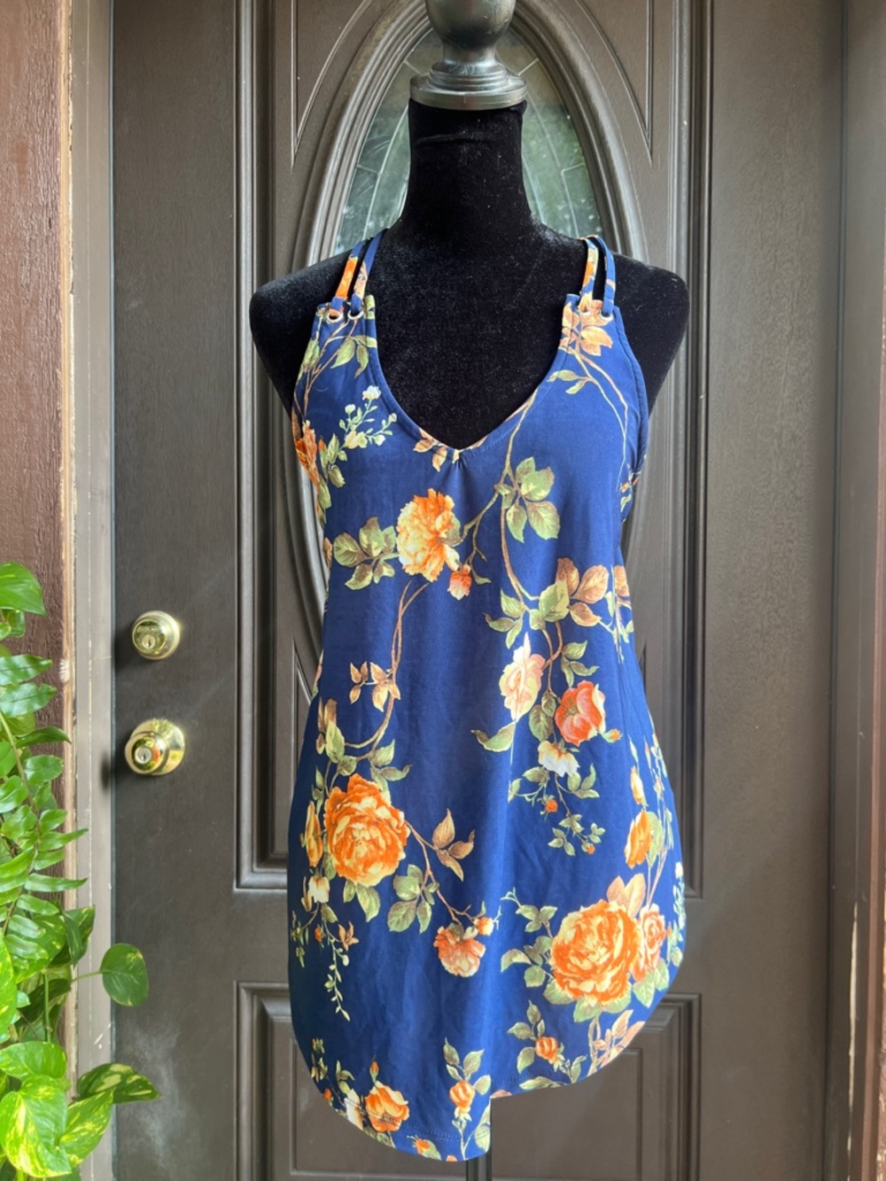 Navy Floral Strappy Sundress with Orange Rose Print